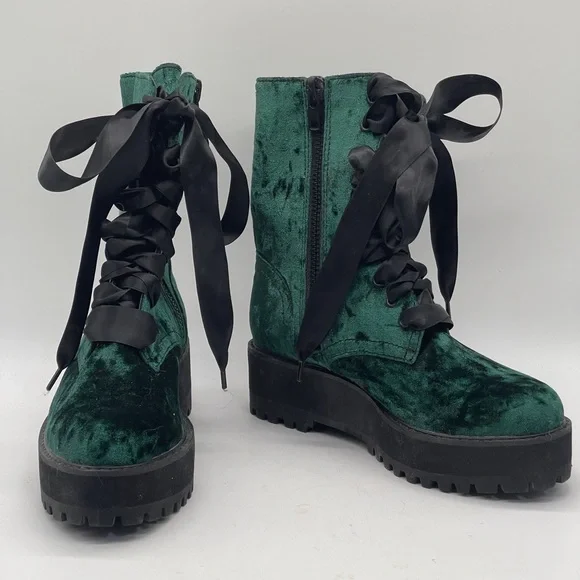 Dolls Kill Emerald Green Velvet Platform Combat Boots Goth Grunge Lace Up Size 7 - Picture 2 of 7